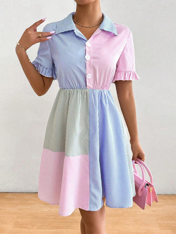 Women's Fashion Striped Short Sleeve Color Block Dress With Random Floral Pattern