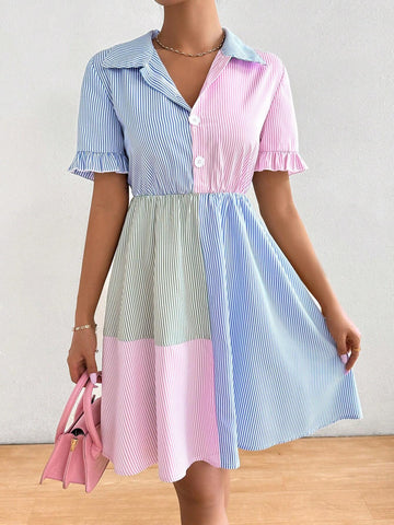 Women's Fashion Striped Short Sleeve Color Block Dress With Random Floral Pattern