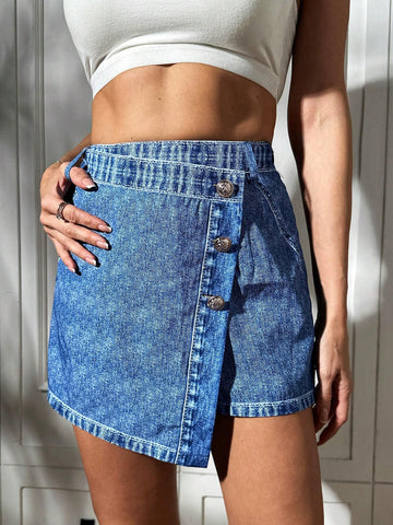 Essnce Women's Fashionable Asymmetrical Denim-Like Printed Shorts