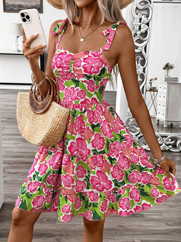 Women's Fashionable Beach Holiday Style Printed Spaghetti Strap Dress, Summer