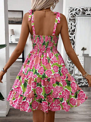 Women's Fashionable Beach Holiday Style Printed Spaghetti Strap Dress, Summer