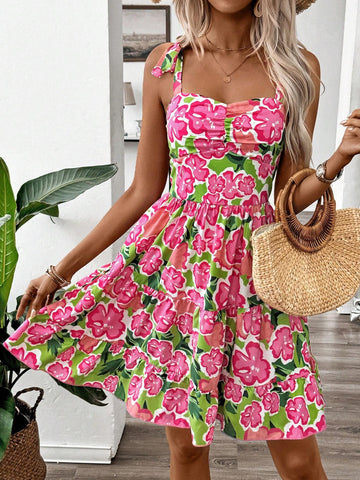 Women's Fashionable Beach Holiday Style Printed Spaghetti Strap Dress, Summer