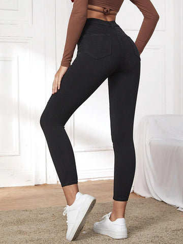 Essnce Women's Fashionable Casual Solid Color Skinny Ripped Long Pants