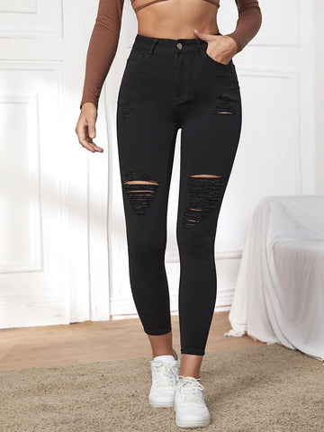 Essnce Women's Fashionable Casual Solid Color Skinny Ripped Long Pants