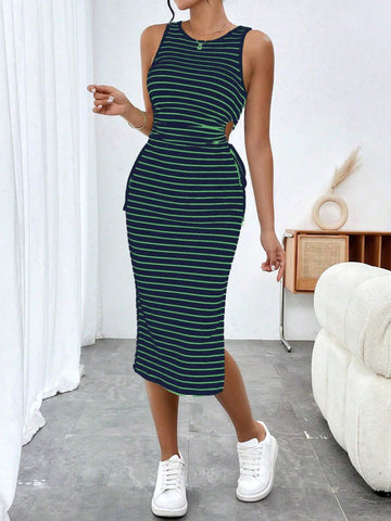 Women's Fashionable Hollow Out Waist Drawstring Striped Dress