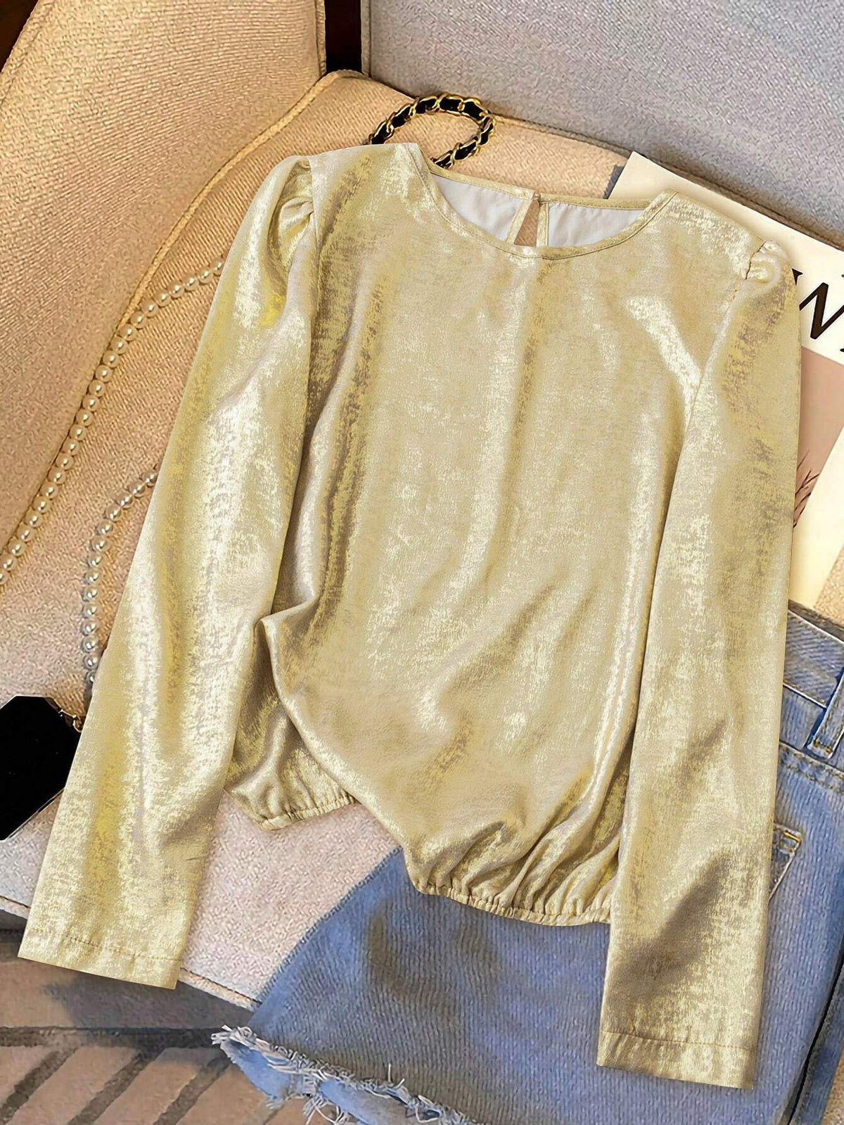 Essnce Women's Fashionable Metal Puff Sleeve Blouse, Spring/Autumn
