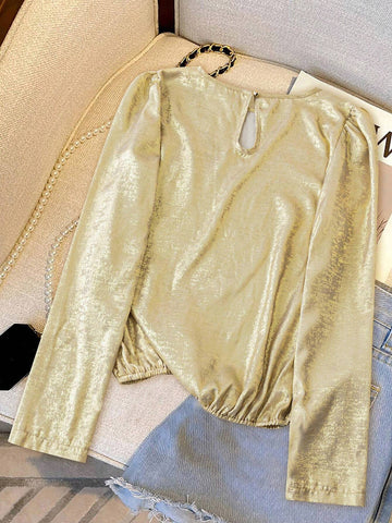 Essnce Women's Fashionable Metal Puff Sleeve Blouse, Spring/Autumn