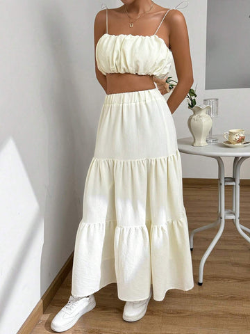 Women's Fashionable Solid Color Cami Top And Textured Skirt Set