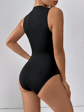 Women's Fashionable Summer Black Knitted Casual Jumpsuit With Patchwork