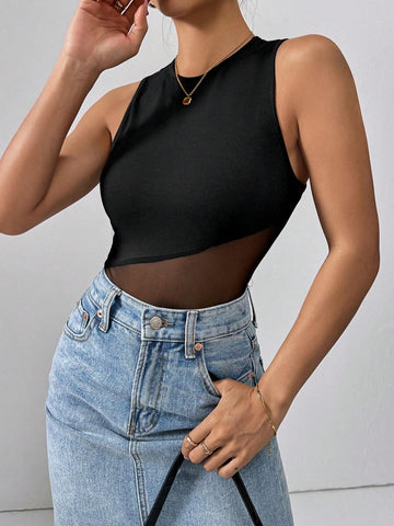 Women's Fashionable Summer Black Knitted Casual Jumpsuit With Patchwork