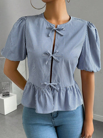 Essnce Women's Fashionable Sweet Grid Pattern Puff Sleeve Tie Front Shirt, Summer