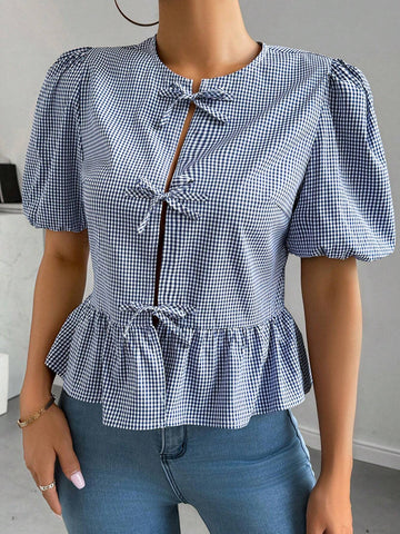 Essnce Women's Fashionable Sweet Grid Pattern Puff Sleeve Tie Front Shirt, Summer