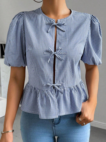 Essnce Women's Fashionable Sweet Grid Pattern Puff Sleeve Tie Front Shirt, Summer