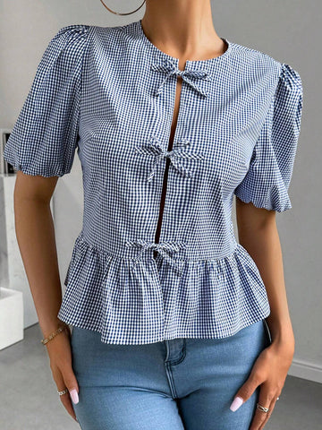Essnce Women's Fashionable Sweet Grid Pattern Puff Sleeve Tie Front Shirt, Summer