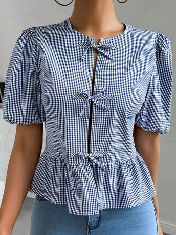 Essnce Women's Fashionable Sweet Grid Pattern Puff Sleeve Tie Front Shirt, Summer