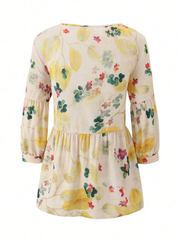 Essnce Women's Floral Printed Shirt With Ruffle Hemmed Long Sleeve