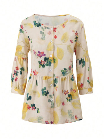 Essnce Women's Floral Printed Shirt With Ruffle Hemmed Long Sleeve