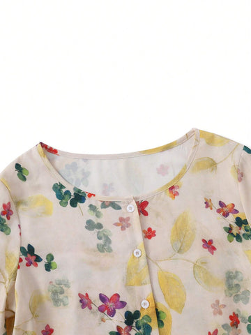 Essnce Women's Floral Printed Shirt With Ruffle Hemmed Long Sleeve