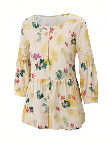 Essnce Women's Floral Printed Shirt With Ruffle Hemmed Long Sleeve