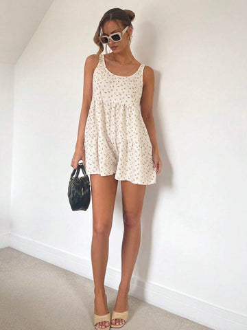 Women's Floral Printed Tiered Jumpsuit For Beach Vacation, Spring/Summer