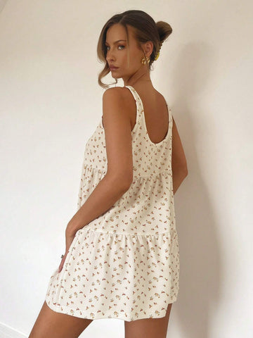 Women's Floral Printed Tiered Jumpsuit For Beach Vacation, Spring/Summer