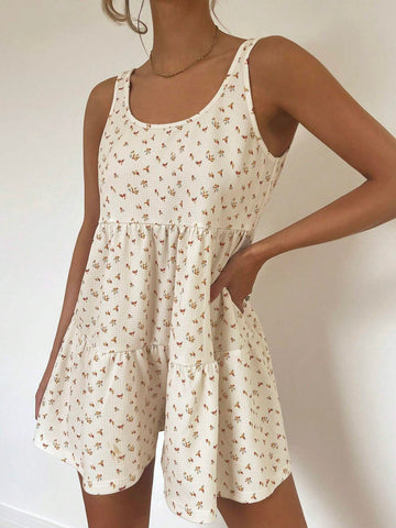 Women's Floral Printed Tiered Jumpsuit For Beach Vacation, Spring/Summer