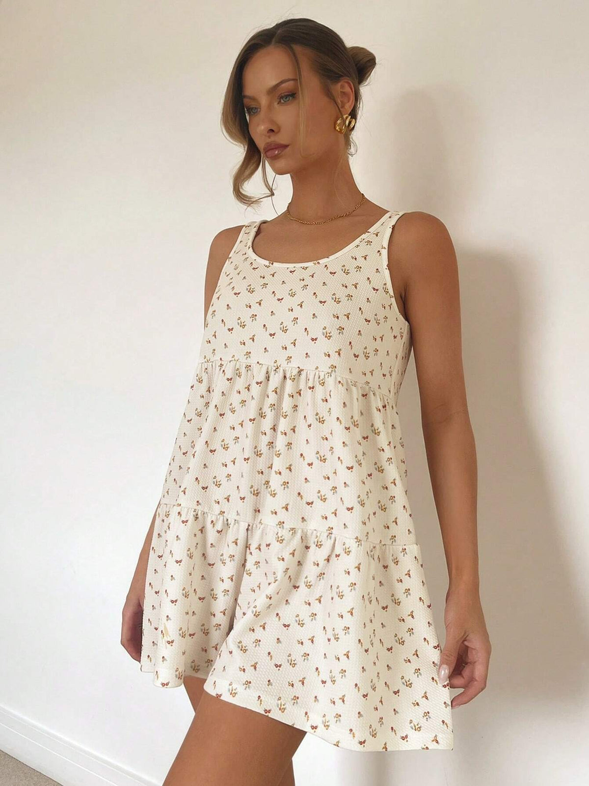 Women's Floral Printed Tiered Jumpsuit For Beach Vacation, Spring/Summer