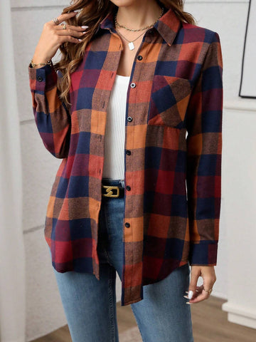 Essnce Women's Front Button Long Sleeve Plaid Casual Shirt