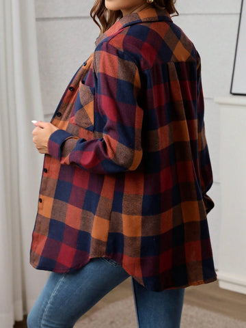 Essnce Women's Front Button Long Sleeve Plaid Casual Shirt