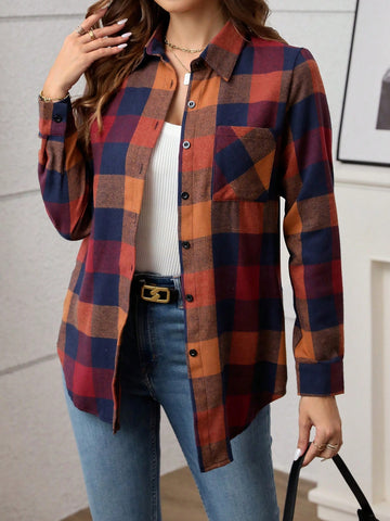 Essnce Women's Front Button Long Sleeve Plaid Casual Shirt