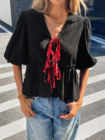 Essnce Women's Front Tie Short Sleeve Simple Blouse, Casual Daily Wear