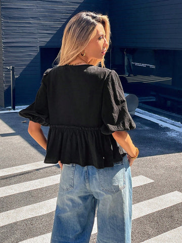 Essnce Women's Front Tie Short Sleeve Simple Blouse, Casual Daily Wear