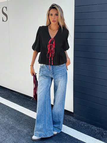 Essnce Women's Front Tie Short Sleeve Simple Blouse, Casual Daily Wear