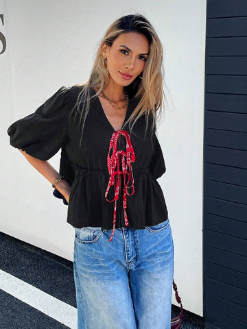 Essnce Women's Front Tie Short Sleeve Simple Blouse, Casual Daily Wear