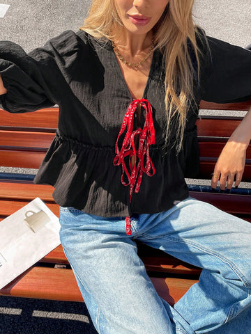 Essnce Women's Front Tie Short Sleeve Simple Blouse, Casual Daily Wear