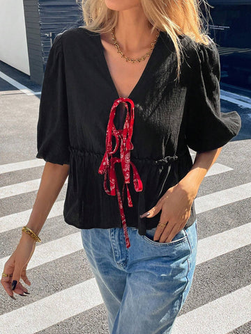 Essnce Women's Front Tie Short Sleeve Simple Blouse, Casual Daily Wear