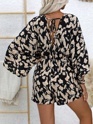 Women's Full Printed Batwing Sleeve Romper With Shorts For Summer