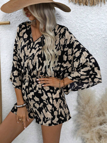Women's Full Printed Batwing Sleeve Romper With Shorts For Summer