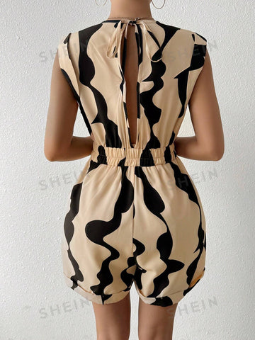 Women's Geometric Printed High Waist Playsuit Shorts