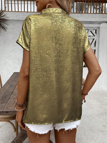 Essnce Women's Golden Heat Transfer Printing Short Sleeve V-Neck Fashionable Blouse