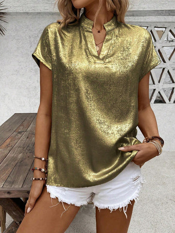 Essnce Women's Golden Heat Transfer Printing Short Sleeve V-Neck Fashionable Blouse