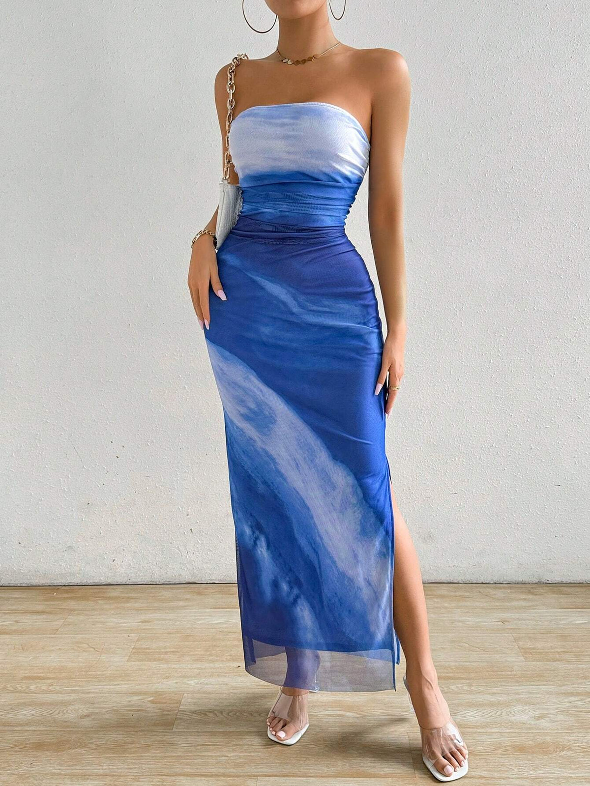 Women's Gradient Bandeau Bodycon Dress With Slit Hem For Summer