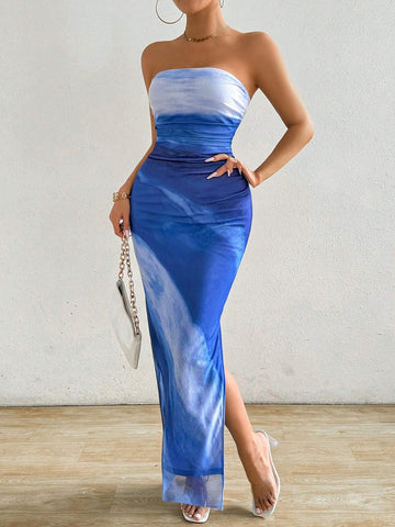 Women's Gradient Bandeau Bodycon Dress With Slit Hem For Summer