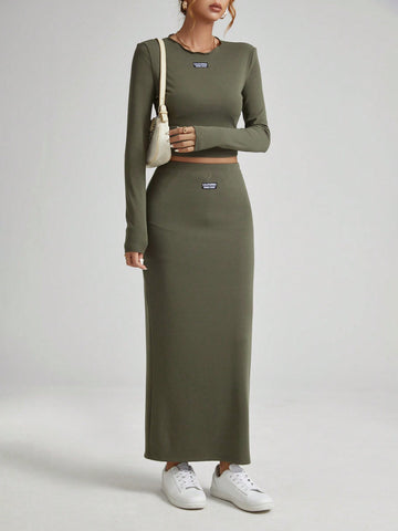 Women's Green Lace-collar Letter Print Top And Skirt Two-piece Set