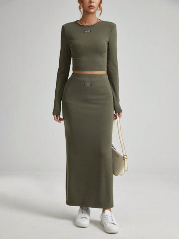 Women's Green Lace-collar Letter Print Top And Skirt Two-piece Set