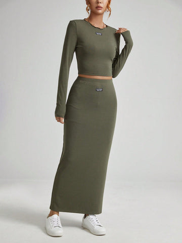 Women's Green Lace-collar Letter Print Top And Skirt Two-piece Set