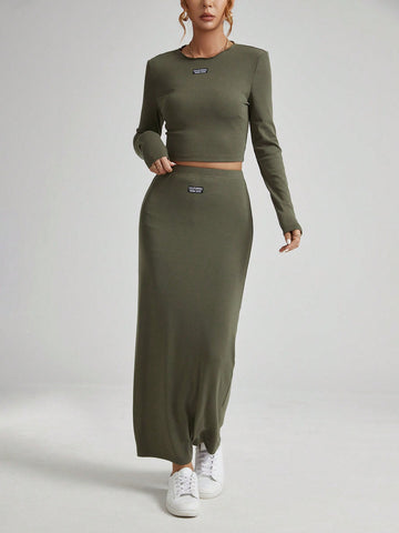 Women's Green Lace-collar Letter Print Top And Skirt Two-piece Set