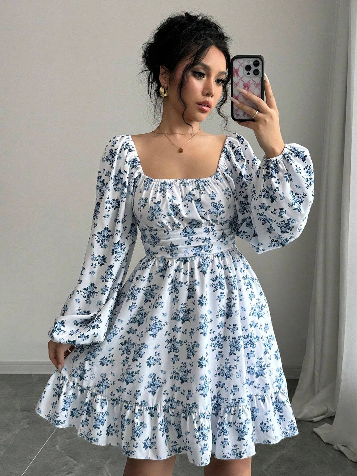 Women's Holiday Floral Print Lantern Sleeve Casual Mini Dress