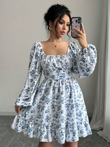 Women's Holiday Floral Print Lantern Sleeve Casual Mini Dress