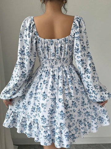 Women's Holiday Floral Print Lantern Sleeve Casual Mini Dress